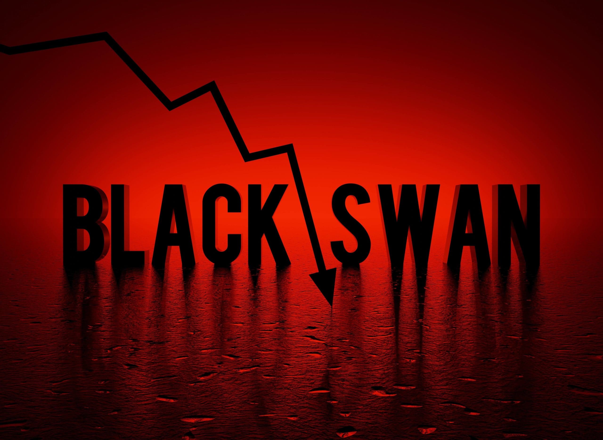 Black Swan Event text word and red crashing arrow, conceptual dark-red background 3D render
