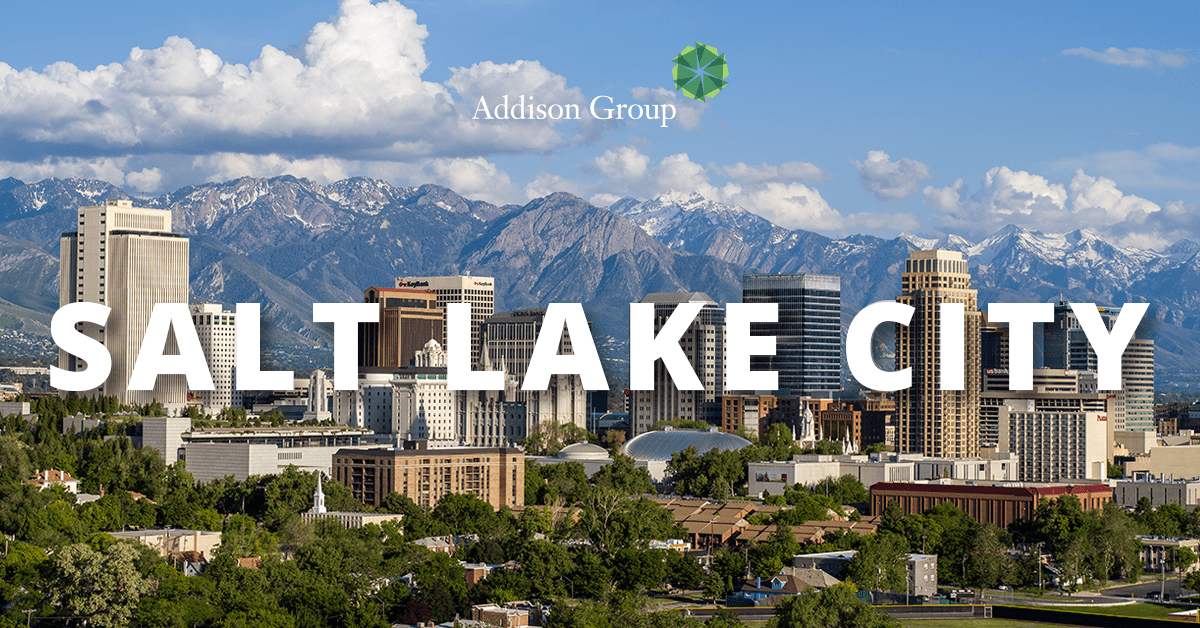 Salt Lake City skyline with text overlay