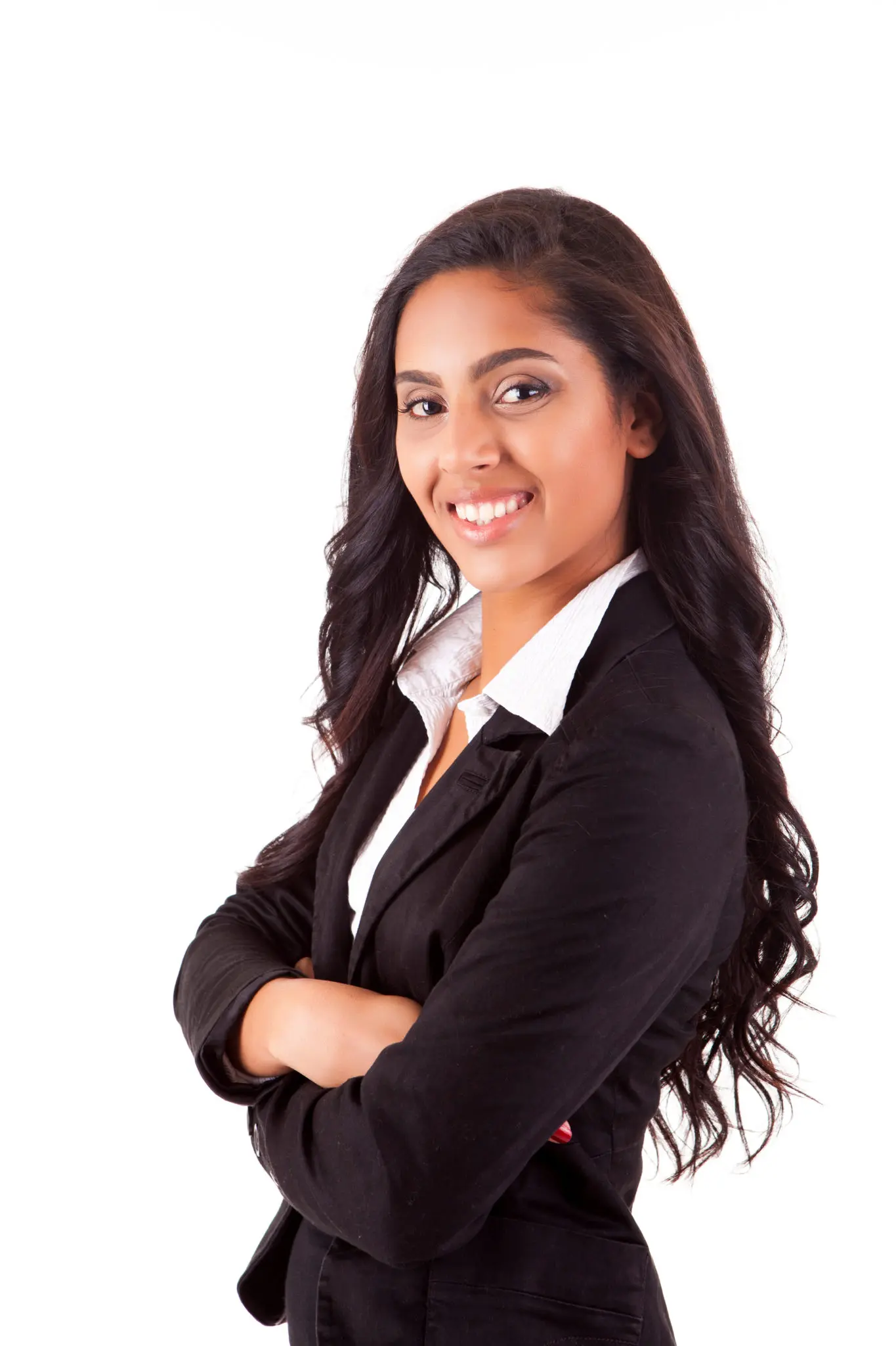 Portrait of modern business woman smiling over white background
