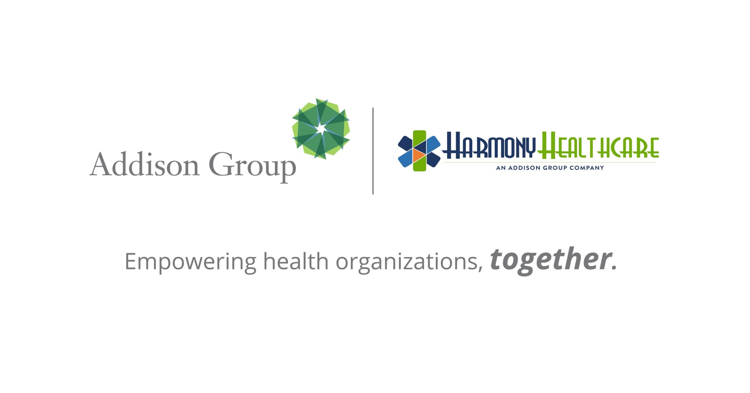 Addison Group logo next to Harmony Healthcare logo
