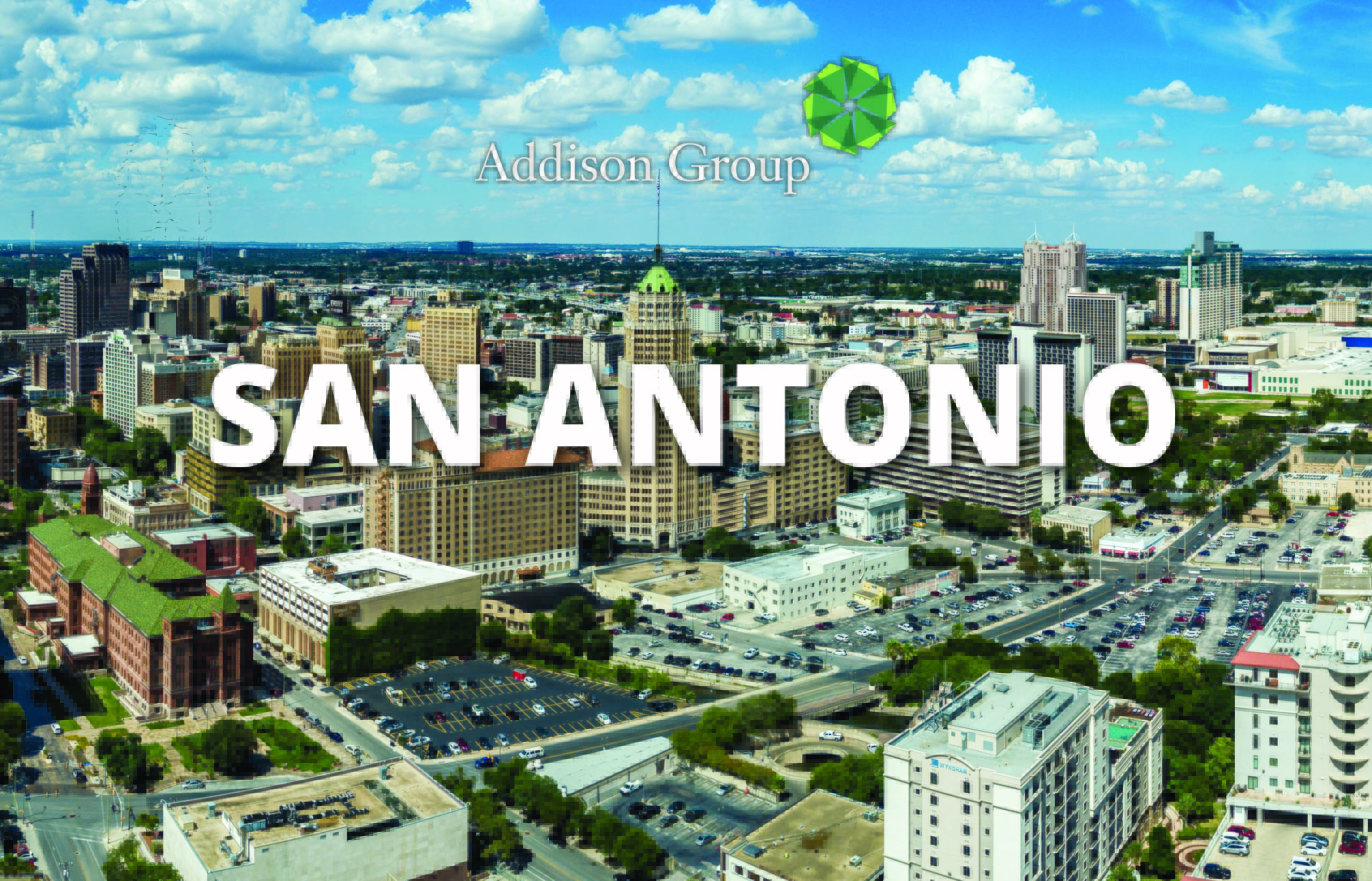 San Antonio cityscape with San Antonio text overlay