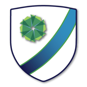 Integrity icon for Addison Group Core Values - shield with blue sash across and Addison Group Favicon in corner