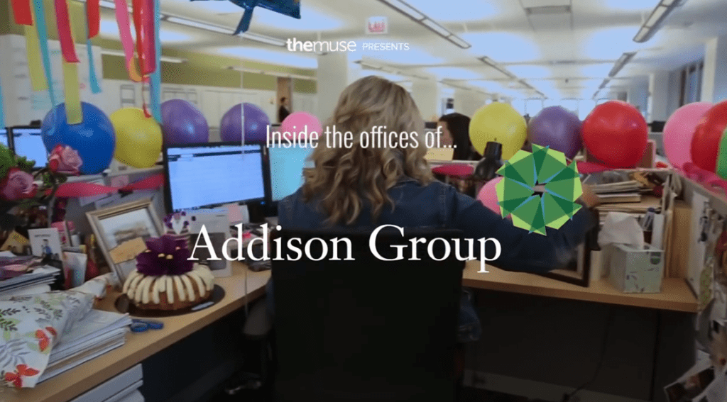 Cover video for Addison Group office, features desk with balloons and celebration birthday at Addison Group Chicago office