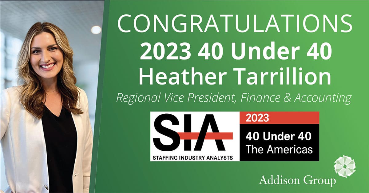 Heather Tarrillion has been named to Staffing Industry Analyst's (SIA) 40 Under 40 list for 2023